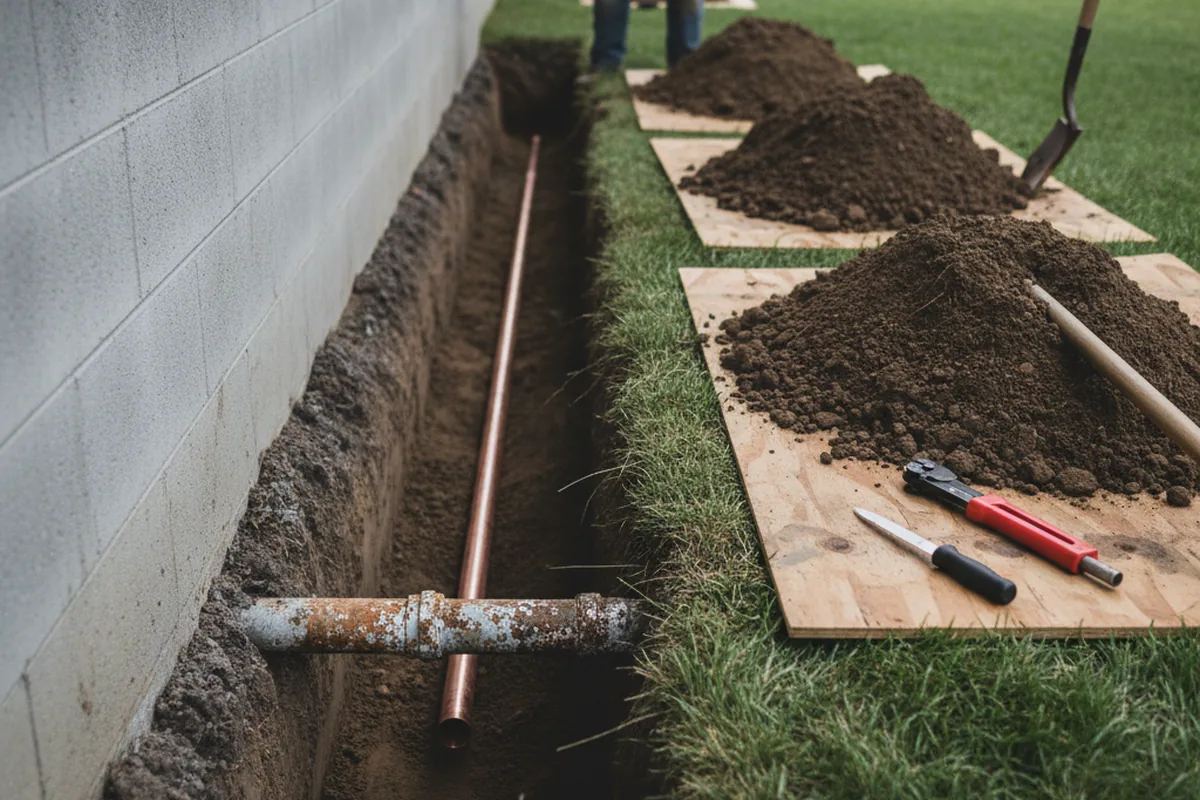 Excavated water line trench during Water Heater Repair in Sacaton